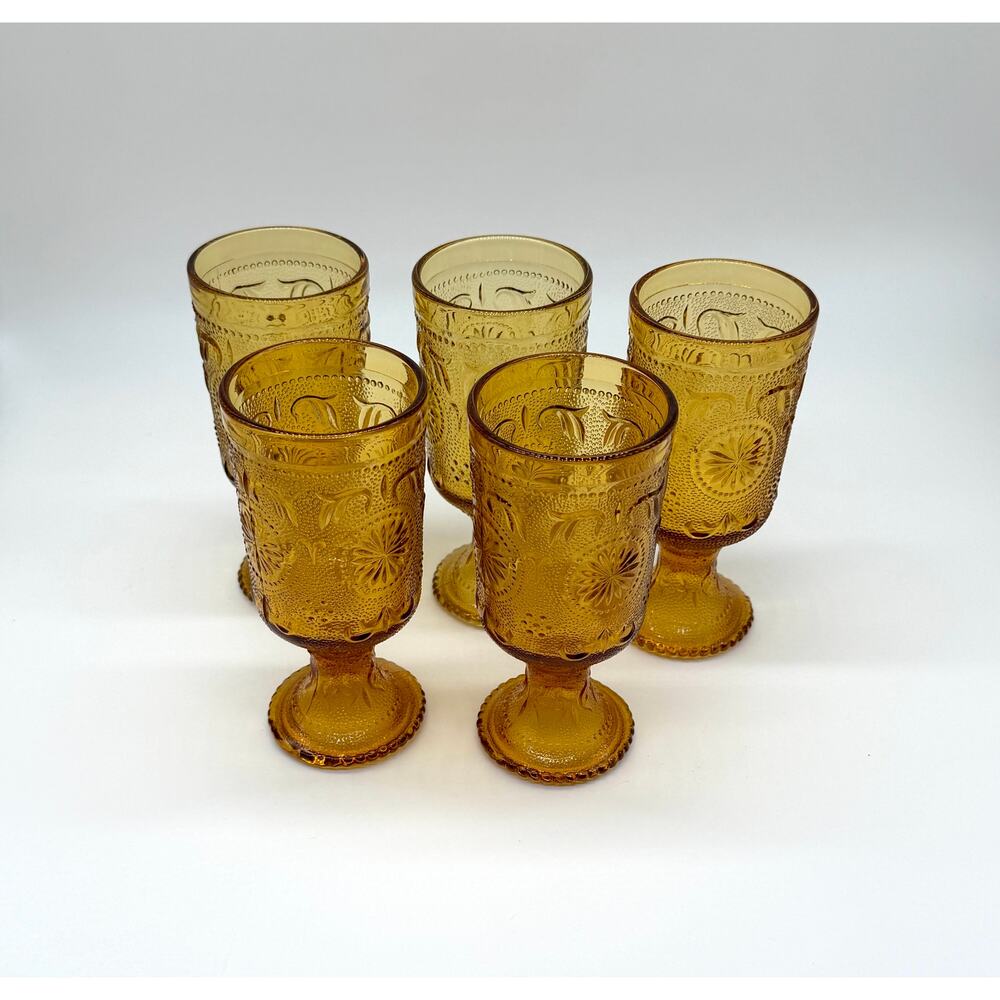 Vintage Amber Glass Goblets Set 5 Indiana Colony Thumbprint Wine Glasses